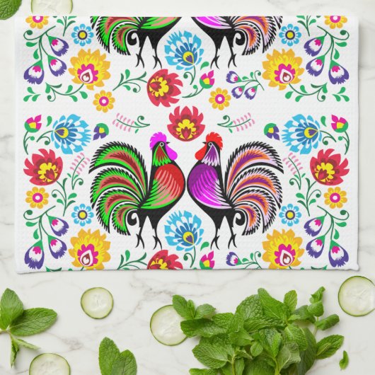 Farbenfrohe Roosters Boho Pattern Geschirrtuch (Gefaltet)