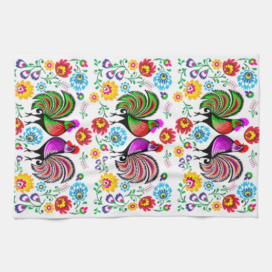 Farbenfrohe Roosters Boho Pattern Geschirrtuch (Horizontal)