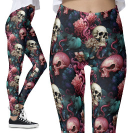 Farbenfrohe rosa Alien Skulls Blumengotik Leggings