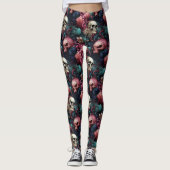 Farbenfrohe rosa Alien Skulls Blumengotik Leggings (Vorderseite)