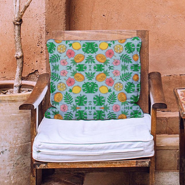 Farbenfrohe rosa Ananas-Zitronenmuster Blaue Blume Kissen (Von Creator hochgeladen)