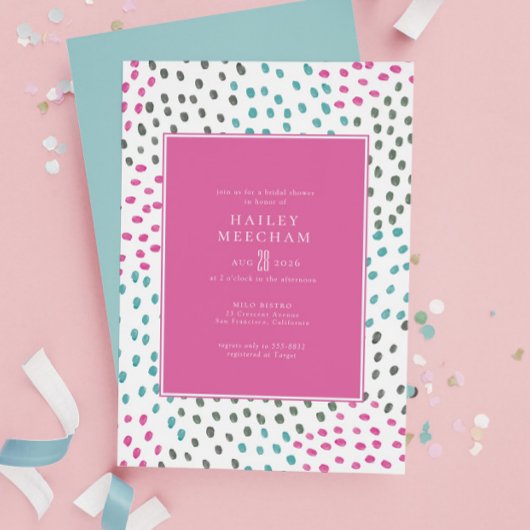 Farbenfrohe rosa, Aquamarin gestrichene Confetti-B Einladung