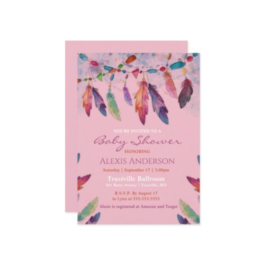 Farbenfrohe rosa Aquarelldusche Kinderdusche Einladung (Vorderseite/Rückseite Beispiel)