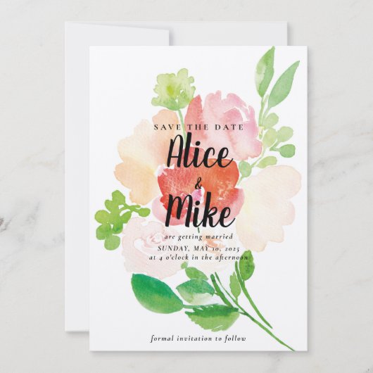 Farbenfrohe Rosa Aquarellfarben Bläserner Frühling Save The Date (Vorderseite)
