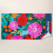 Farbenfrohe rosa Blumenbeete Personalisierte Ferie Strandtuch (Vorderseite)