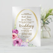 Farbenfrohe rosa Blütenbraun Goldener Rahmen Elega Einladung (Stehend Vorderseite)
