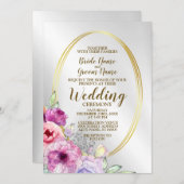 Farbenfrohe rosa Blütenbraun Goldener Rahmen Elega Einladung (Vorne/Hinten)