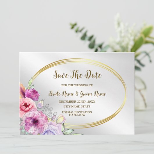 Farbenfrohe rosa Blütenbraun Goldener Rahmen Elega Save The Date (Stehend Vorderseite)