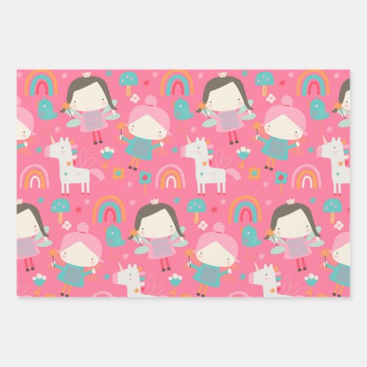 Farbenfrohe rosa Fee und Regenbogenmuster Geschenkpapier Set (Vorderseite 3)