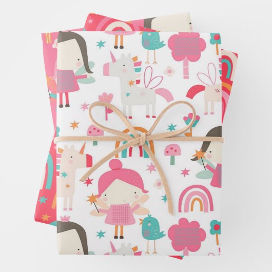 Farbenfrohe rosa Fee und Regenbogenmuster Geschenkpapier Set (Beispiel)
