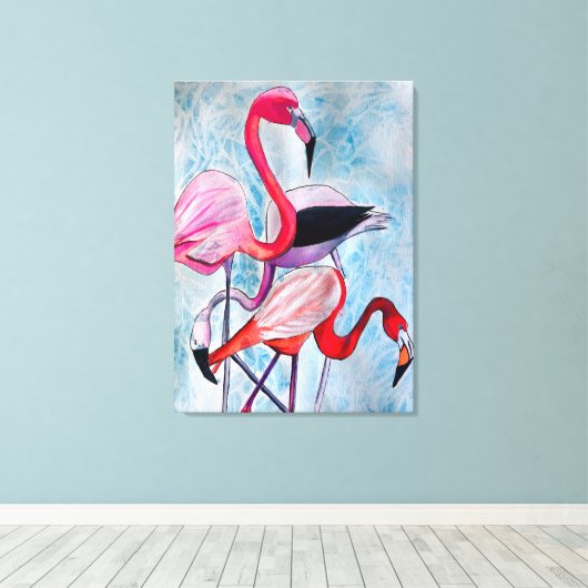 Farbenfrohe rosa Flamingo Aquarellkunst Leinwanddruck (Insitu (Holzboden))