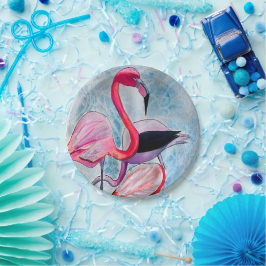 Farbenfrohe rosa Flamingo Aquarellkunst Pappteller (Party)