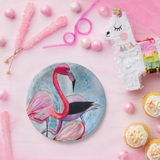 Farbenfrohe rosa Flamingo Aquarellkunst Pappteller (Party)