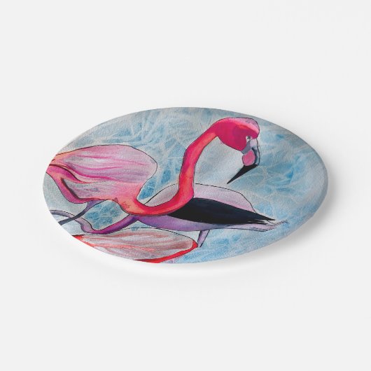 Farbenfrohe rosa Flamingo Aquarellkunst Pappteller (Schrägansicht)
