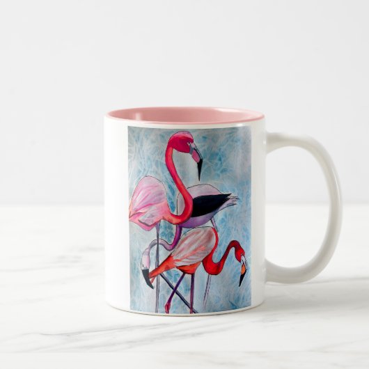Farbenfrohe rosa Flamingo Aquarellkunst Zweifarbige Tasse (Rechts)