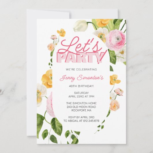 Farbenfrohe Rosa Gelbe Frühlingsblumen 40. Geburts Einladung (Vorderseite)