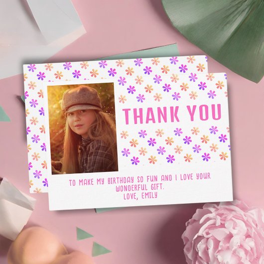 Farbenfrohe Rosa Glitzer Blume Geburtstag Girl Fot Dankeskarte