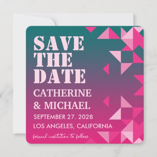 Farbenfrohe rosa-grüne geometrische Hochzeitsstift Save The Date (Vorderseite)