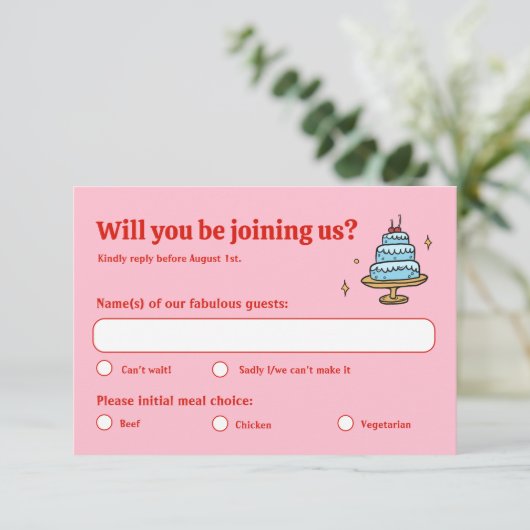 Farbenfrohe Rosa Hand Drawn Funky Writing Wedding RSVP Karte (Stehend Vorderseite)