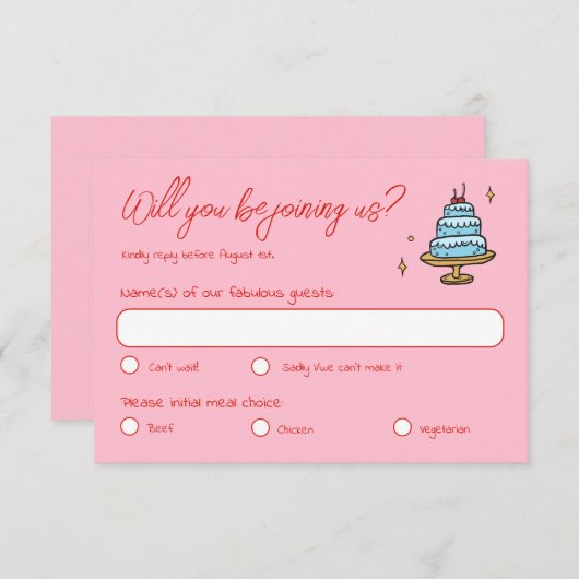 Farbenfrohe Rosa Hand Drawn Funky Writing Wedding RSVP Karte (Vorne/Hinten)