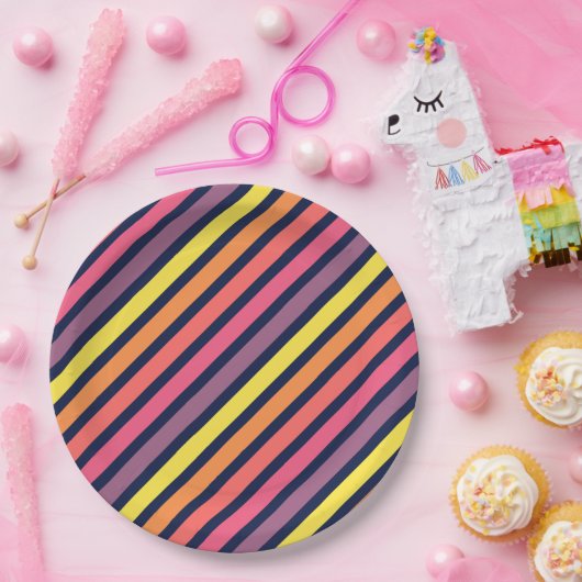 Farbenfrohe rosa, Lila-gelbe Streifen Muster Pappteller (Party)