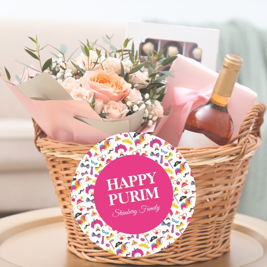 Farbenfrohe rosa Mishloach Manot Happy Purim Stick Runder Aufkleber
