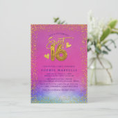 Farbenfrohe Rosa mit süßen 16 Goldballons Einladung (Stehend Vorderseite)