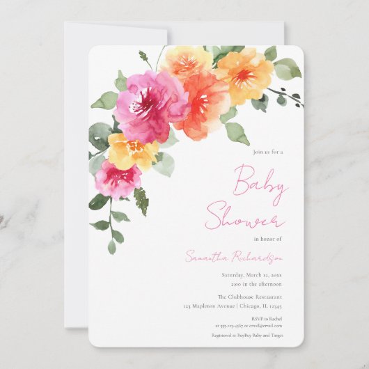 Farbenfrohe Rosa-Orange-Torfbäume Mädchen-Dusche Einladung (Vorderseite)