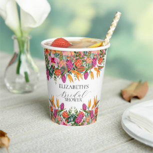 Farbenfrohe rosa-orange tropische Blumen-Braut- Du Pappbecher