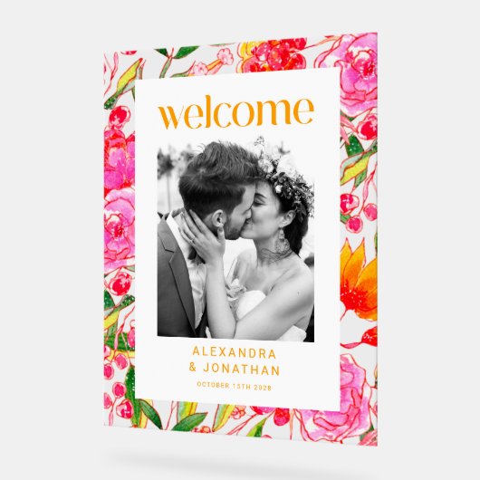 Farbenfrohe rosa orangefarbene Hochzeitsfeier Begr Acrylschild (Winkel)