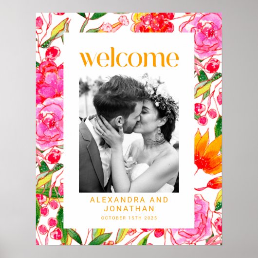 Farbenfrohe rosa orangefarbene Hochzeitsfeier Begr Poster (Vorne)