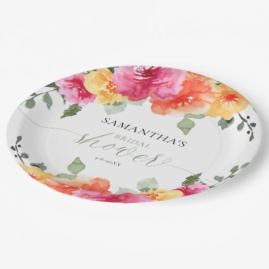 Farbenfrohe rosa-orangefarbene Torfbäume Frühlings Pappteller (Schrägansicht)