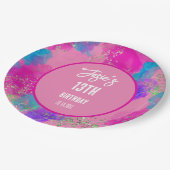 Farbenfrohe rosa Paint Splash Geburtstag Pappteller (Schrägansicht)