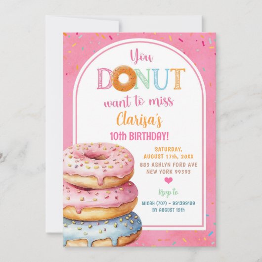 Farbenfrohe rosa Pastelle Sprinklerflecken Donuts  Einladung (Vorderseite)