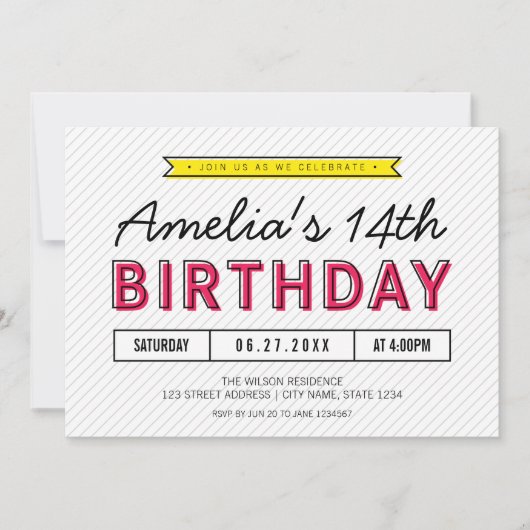 Farbenfrohe Rosa und Gelb jedes Alters Moderne Geb Einladung (Vorderseite)