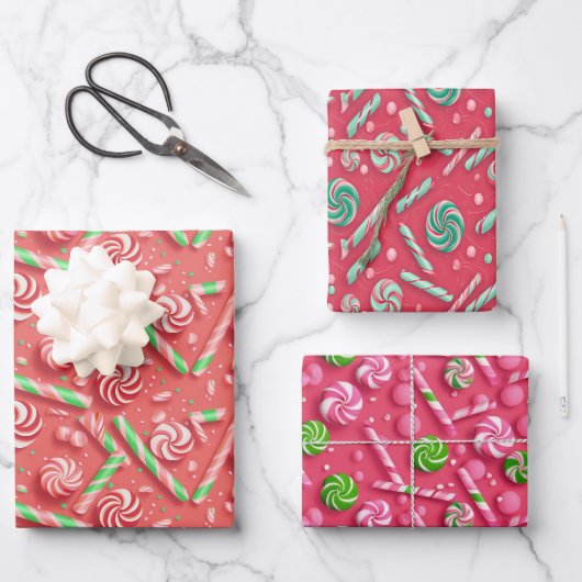 Farbenfrohe rosa und grüne Bonbons Geschenkpapier Set (Vorderseite)