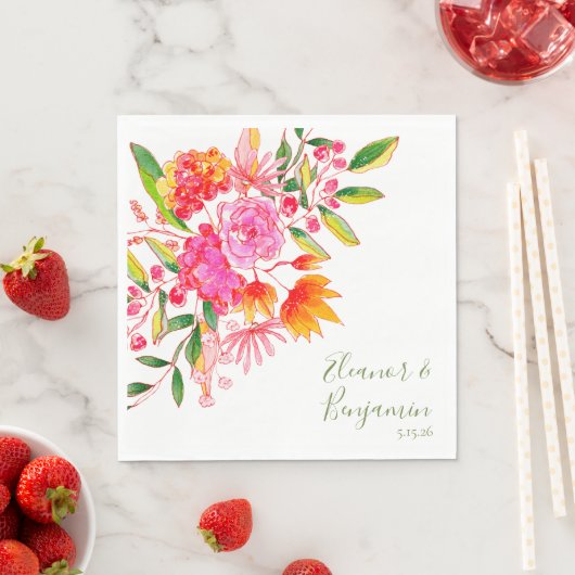 Farbenfrohe rosa Wasserfarben Gewohnte Hochzeit Serviette (Beispiel)