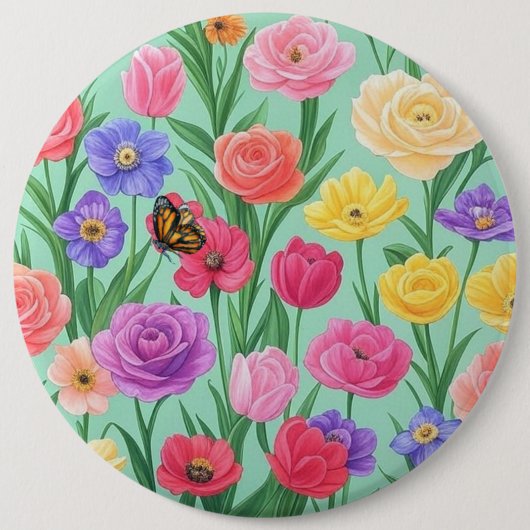 Farbenfrohe Rose Blumen/Frühling Button (Vorderseite)