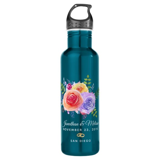 Farbenfrohe Rose Hochzeit mit floralen Wasserfarbe Edelstahlflasche (Vorderseite)