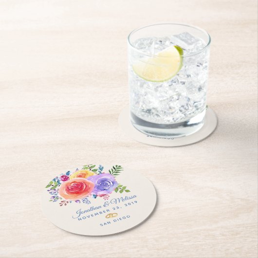 Farbenfrohe Rose Hochzeit mit floralen Wasserfarbe Runder Pappuntersetzer (Vor Ort)