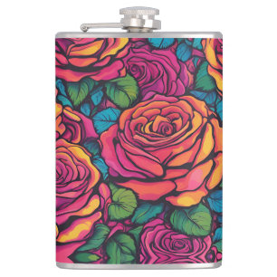 Farbenfrohe Rose Psychedelisch Helle Blume Retro Flachmann