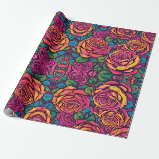 Farbenfrohe Rose Psychedelisch Helle Blume Retro Geschenkpapier (Ungerollt)