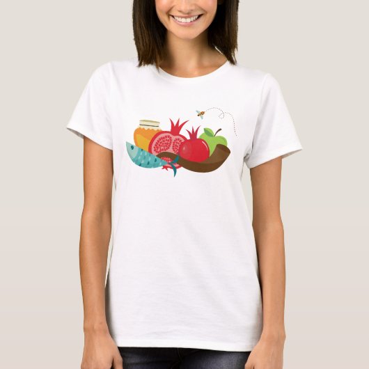 Farbenfrohe Rosh Hashanah Frucht und Biene T-Shirt (Vorderseite)