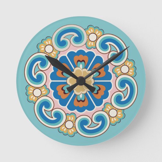 Farbenfrohe Rosset mit Ruyi-Wolkenmuster Runde Wanduhr (Vorderseite)