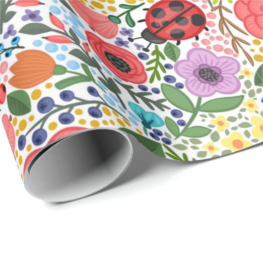 Farbenfrohe Rot-Blau-Blume und Ladybugs Geschenkpapier (Rolleneckpunkt)