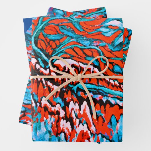 Farbenfrohe rot-blaue magische Wälder Geschenkpapier Set (Beispiel)