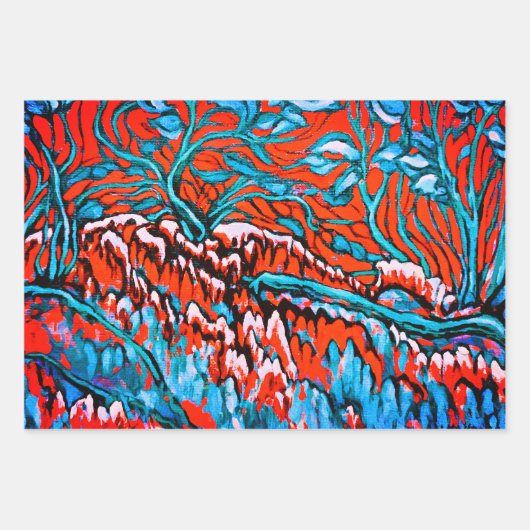 Farbenfrohe rot-blaue magische Wälder Geschenkpapier Set (Vorderseite)