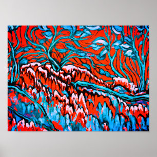 Farbenfrohe rot-blaue magische Wälder Poster
