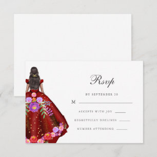 Farbenfrohe Rote Fiesta Blumenkalligraphie Quincea RSVP Karte