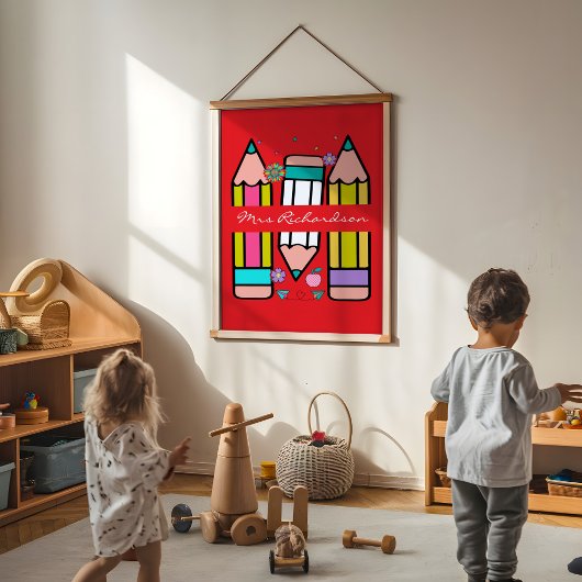 Farbenfrohe rote Lehrerin Cartoon Stift Poster